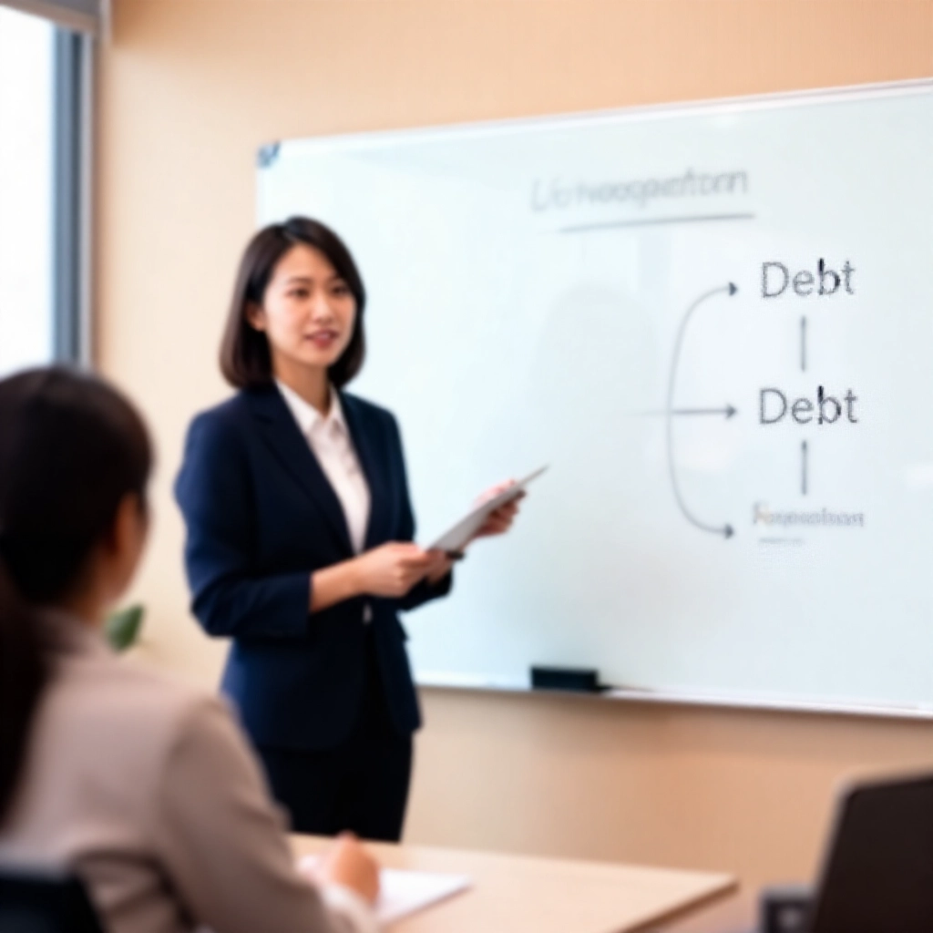 專業律師在現代台灣辦公室向客戶解釋債務協商流程,白板上顯示從申請到還款的步驟流程圖,溫暖自然光線,專注表情建立信任與清晰