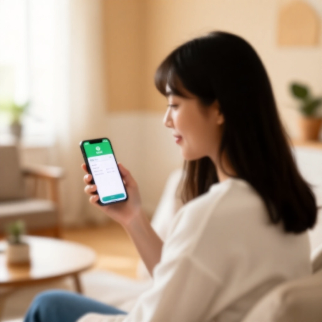 年輕女子在明亮的台灣公寓裡，手持智慧型手機顯示 LINE Bank 口袋帳戶利息細節畫面，柔和自然日光溫暖色調舒適氛圍