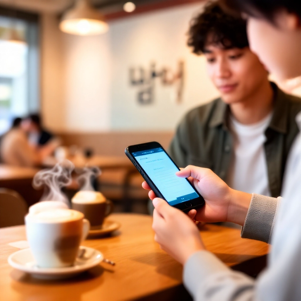 年輕旅客在現代咖啡廳內,使用手機綁定 Line Pay 與台灣信用卡,周圍熱騰騰咖啡杯與韓文招牌,溫暖燈光聚焦數位支付流程