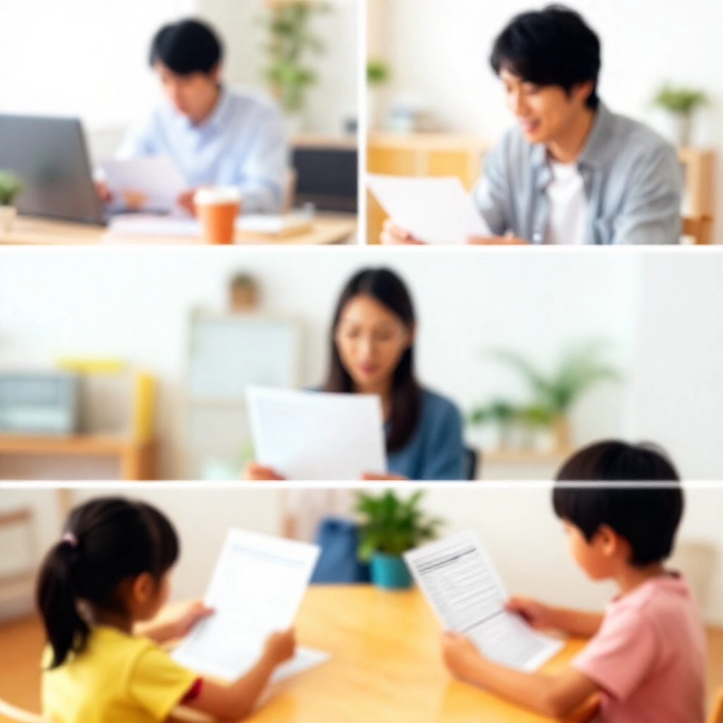 三個平行家庭場景：單身上班族在桌前、已婚夫妻檢視帳單、有孩家庭圍桌持稅表，充滿活力的居家環境，歡樂實用氛圍