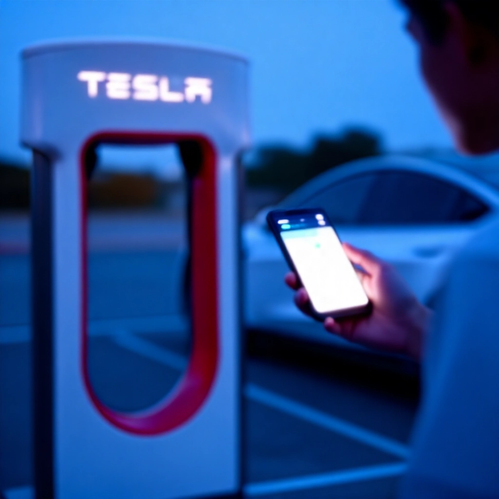 現代 Tesla Model 電動車在黃昏戶外充電,車主使用手機 App 查看電力使用圖表,藍色調氛圍