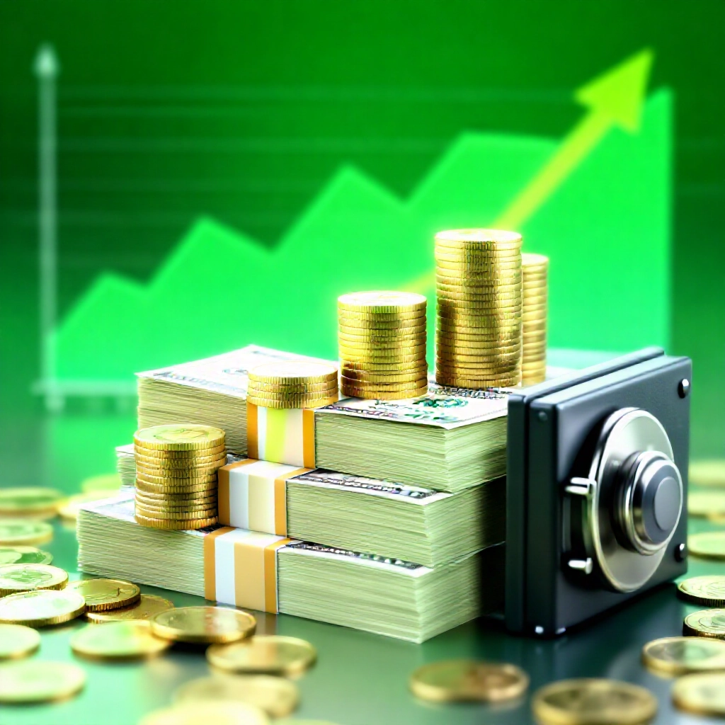銀行金庫堆疊百萬元鈔票與閃亮硬幣，上升利息圖表，綠色調顯示每日複利視覺化