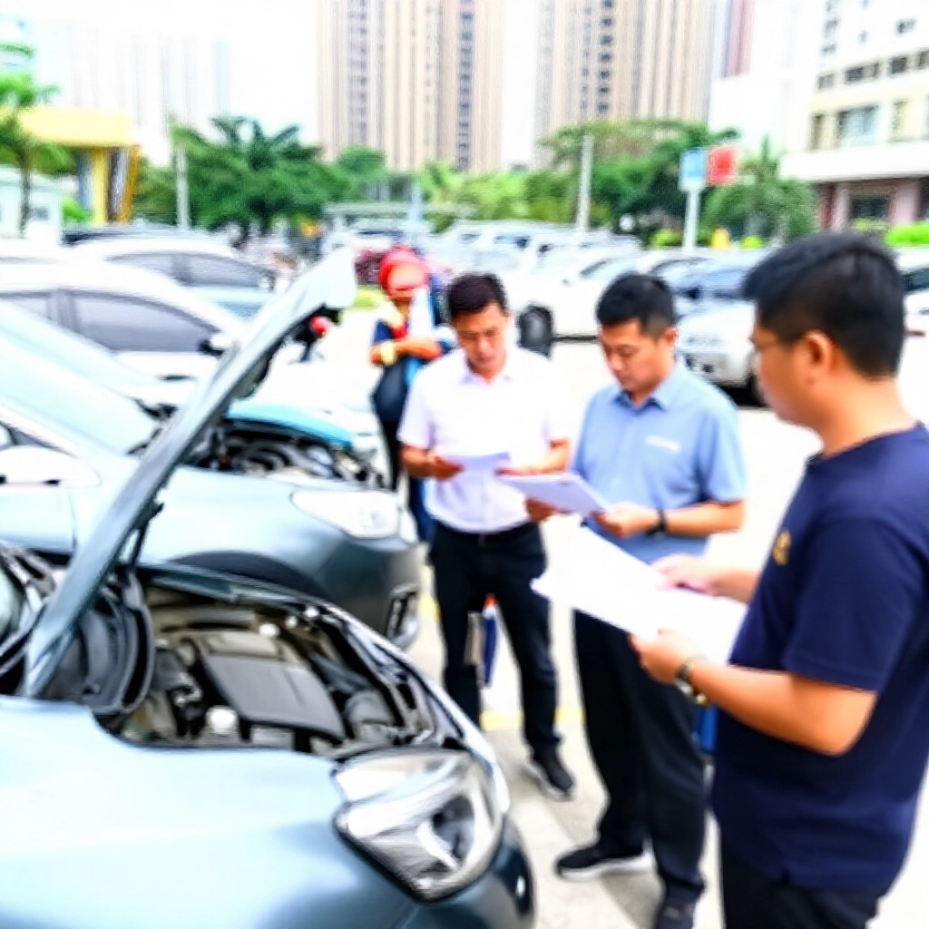 台灣車主在都市停車場檢查受損車輛,與保險業務員交涉理賠表格