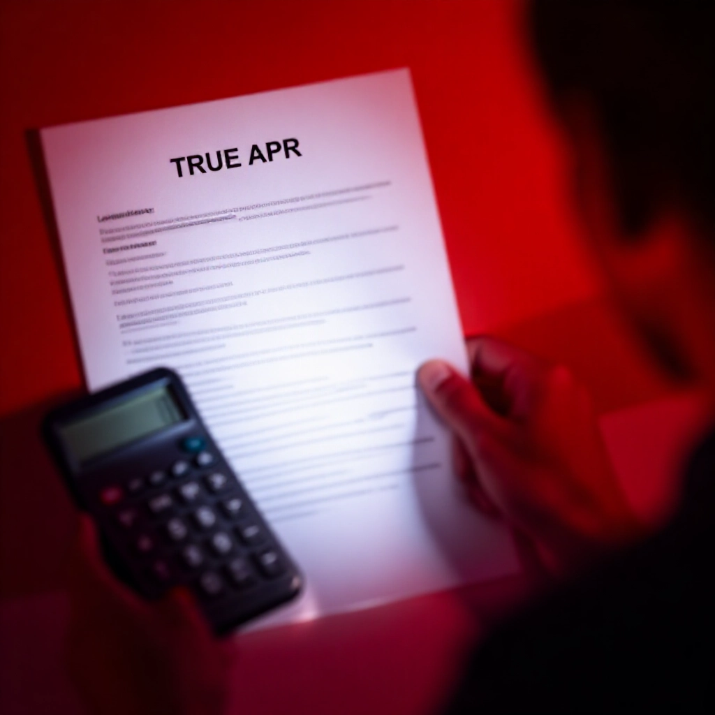 困惑借款人檢視貸款合約細節，隱藏費用圖示環繞，計算機顯示真實APR，紅色陰影營造揭露氛圍