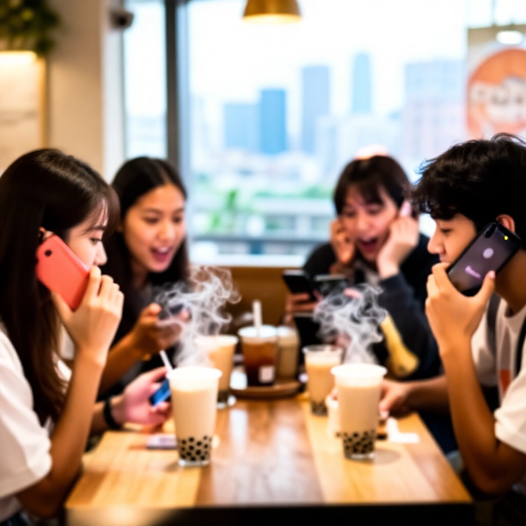 年輕用戶在活力四射的台灣咖啡廳,手持手機興奮討論 Dcard 上關於被低估數位券商的貼文,氣泡茶蒸氣裊裊,窗外可見城市天際線