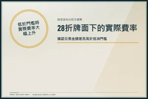 印章式國泰證券台股28折手續費資格確認與低消門檻對照圖