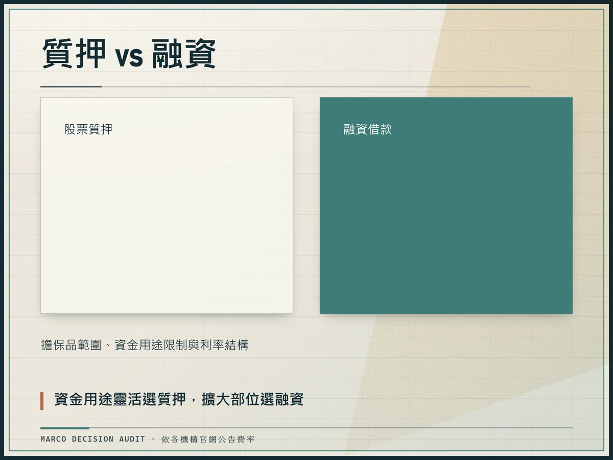 股票質押與融資借款比較圖，核心差別在擔保品範圍、資金用途與利率結構