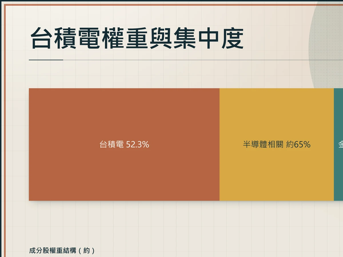 006208 成分股權重切片圖,台積電52.3%、半導體相關約65%、金融與電信約25%