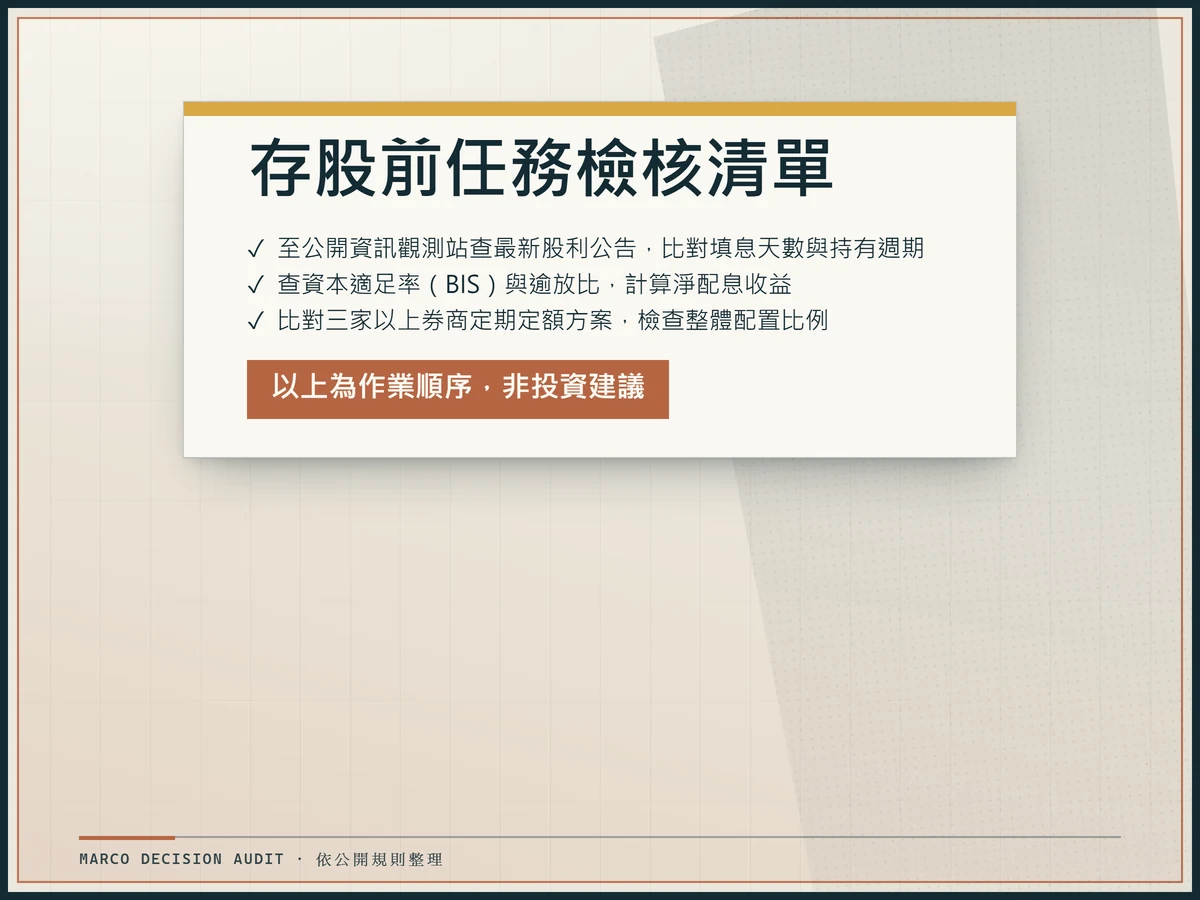 金融存股前的任務檢核清單:從股利查詢、資本適足率檢查到券商方案比較三步驟