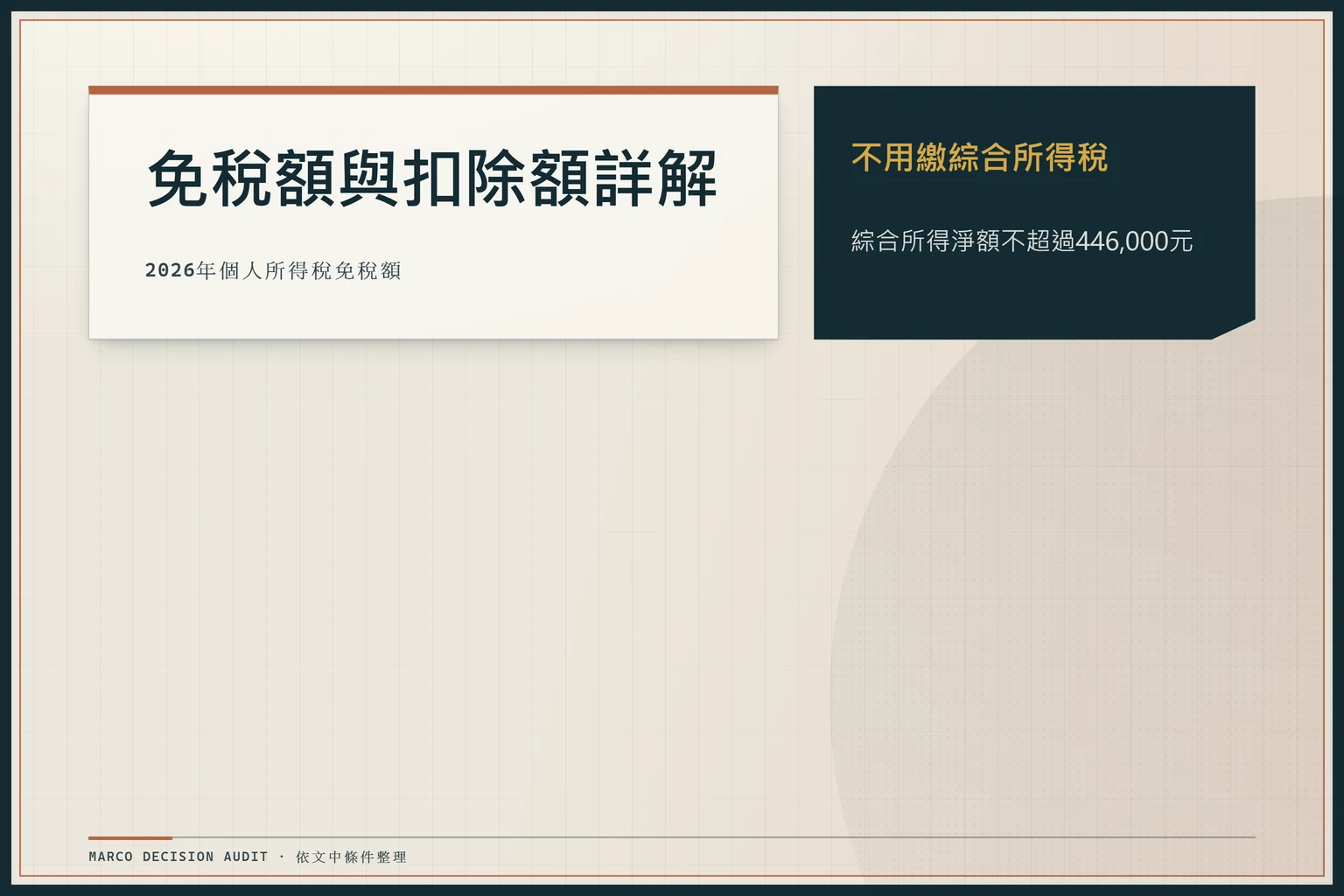 單身受薪者在2026年若綜合所得淨額不超過446,000元則免繳稅。