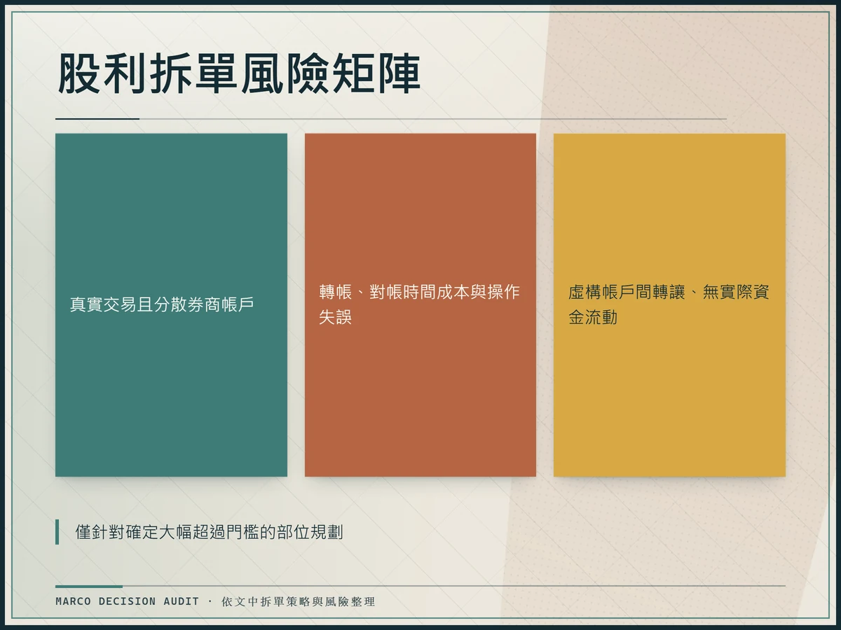 股利拆單風險矩陣，高風險為虛構帳戶間轉讓、無實際資金流動，可能涉及稅捐稽徵法相關罰則，低風險為真實交易下分散券商帳戶。