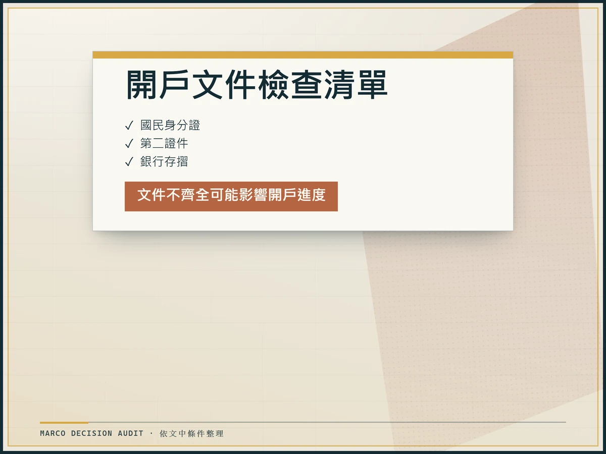 開戶文件檢查清單:國民身分證、第二證件、銀行存摺、文件不齊全可能影響開戶進度