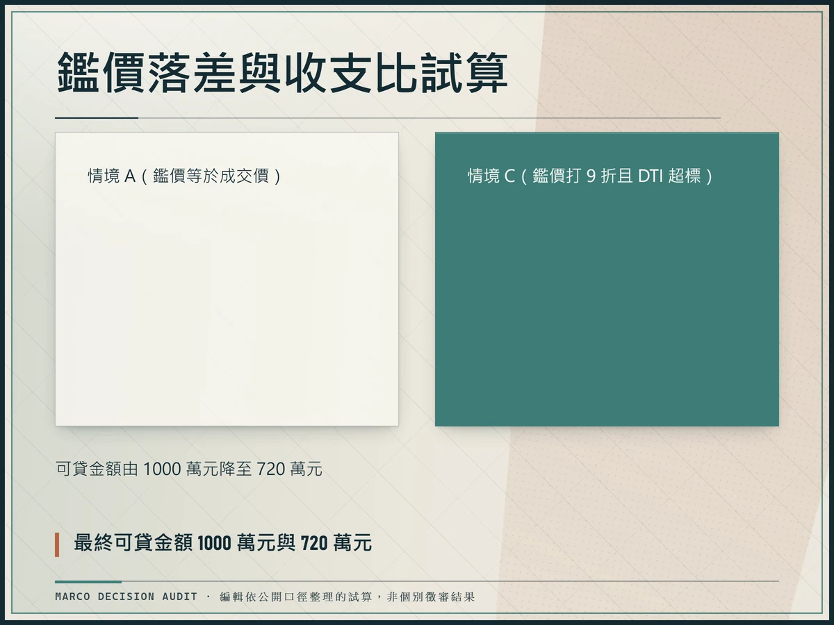 鑑價落差與收支比試算情境比較圖，對照情境 A 最終可貸 1000 萬元與情境 C 最終可貸 720 萬元