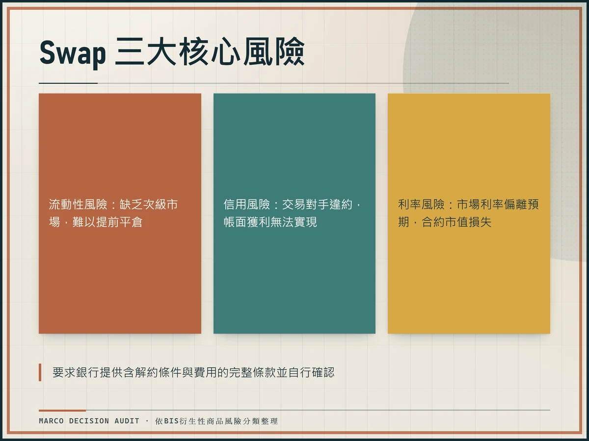 風險矩陣依BIS分類呈現Swap掉期交易的利率、信用與流動性三大核心風險及其因應方式