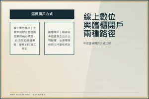 中信證券線上數位與臨櫃開戶兩種路徑比較圖