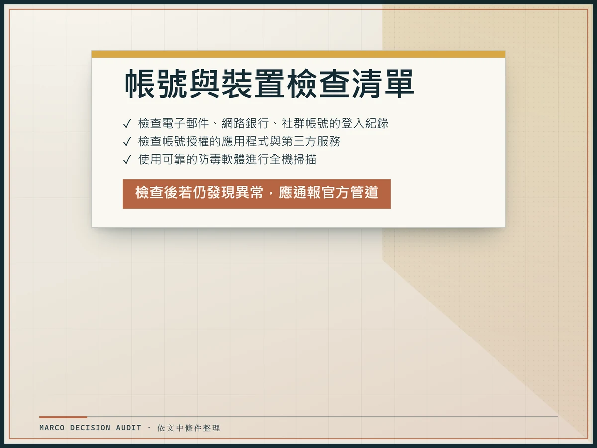 依帳號與裝置檢查清單逐項核對的對照圖