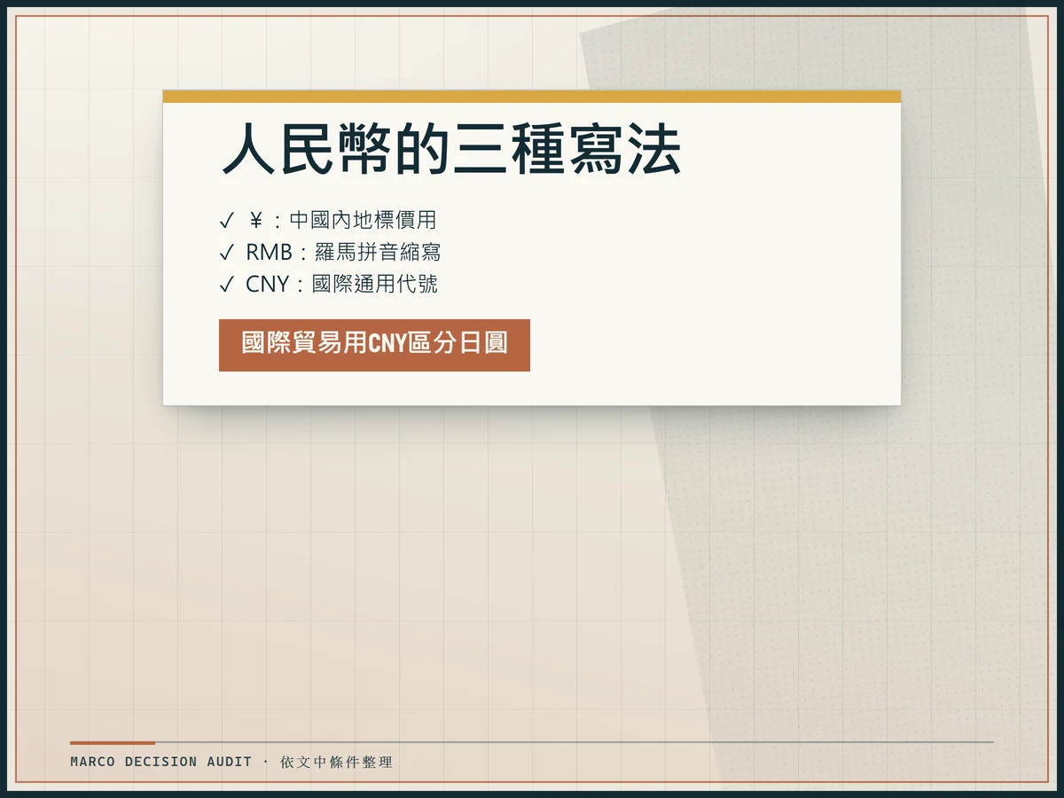 公文檢查板：人民幣三種寫法￥、RMB、CNY，分別用於中國內地標價、會計帳目與國際貿易代號