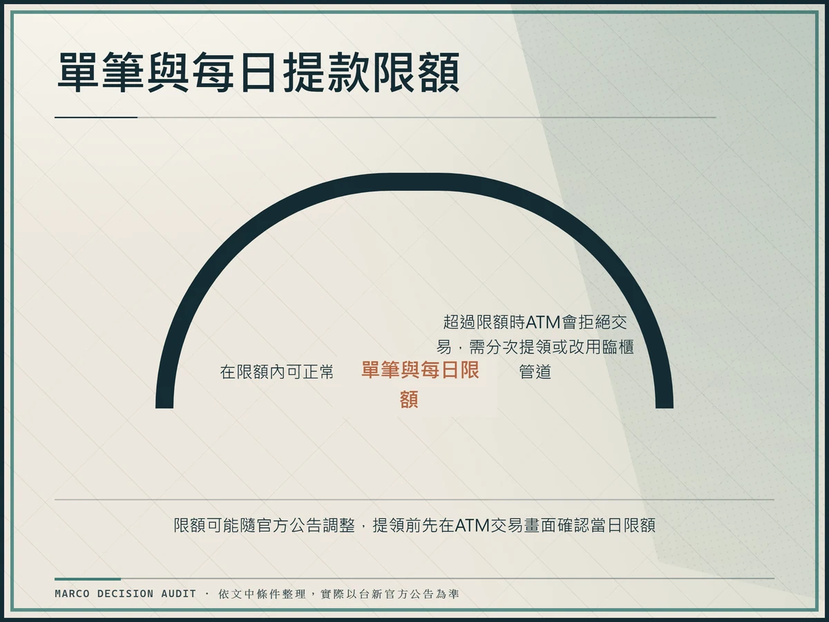 台新外幣ATM提款限額門檻圖，標示單筆與每日限額，超過限額需分次提領