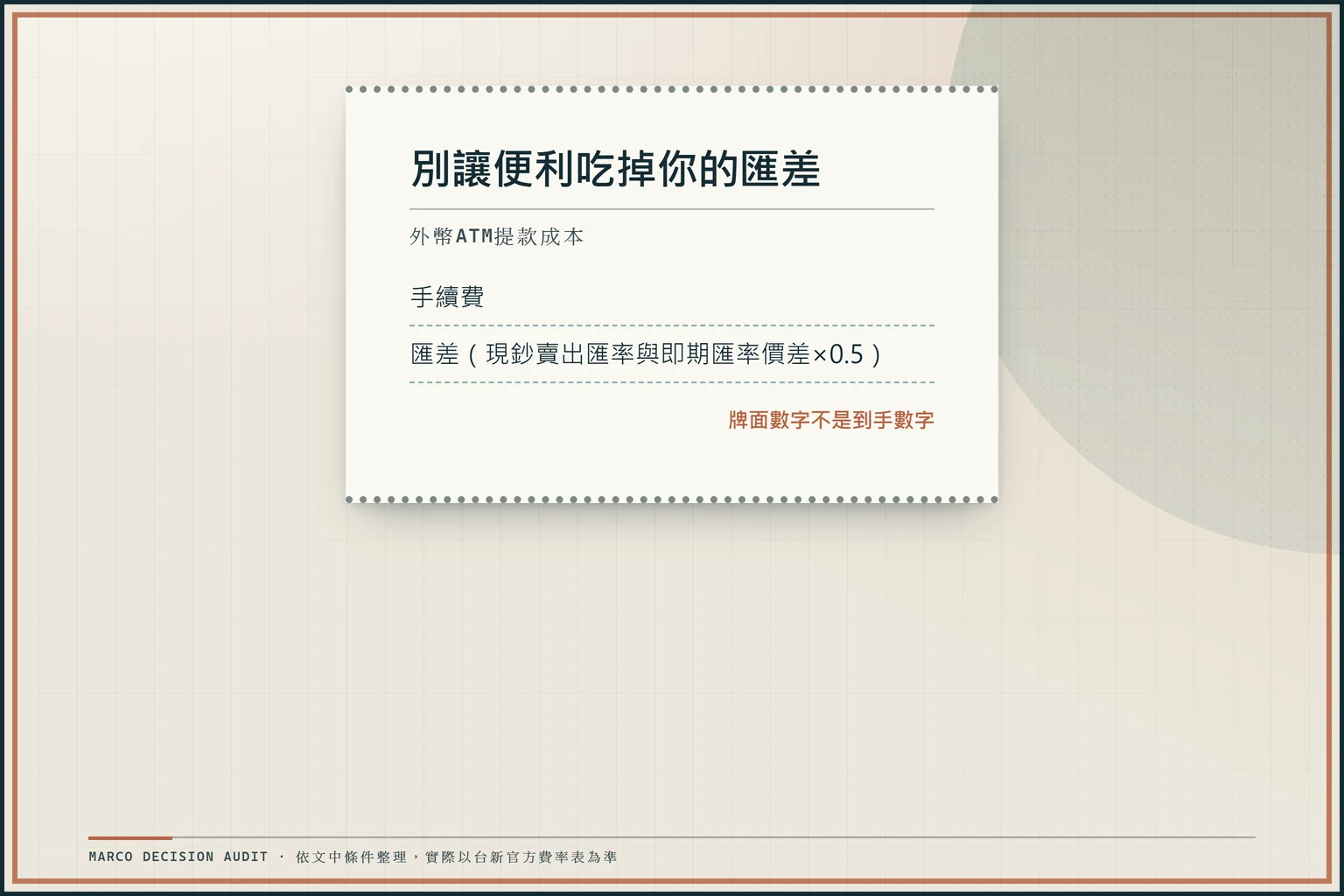 台新外幣ATM提款成本收據圖，列出手續費與匯差兩項，標示牌面數字不是到手數字